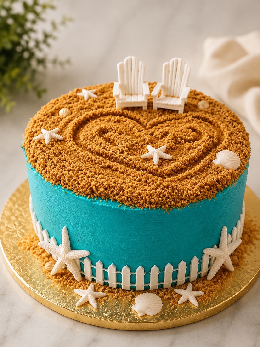 Turquoise beach themed cake with sand, shells and Adirondack chairs
