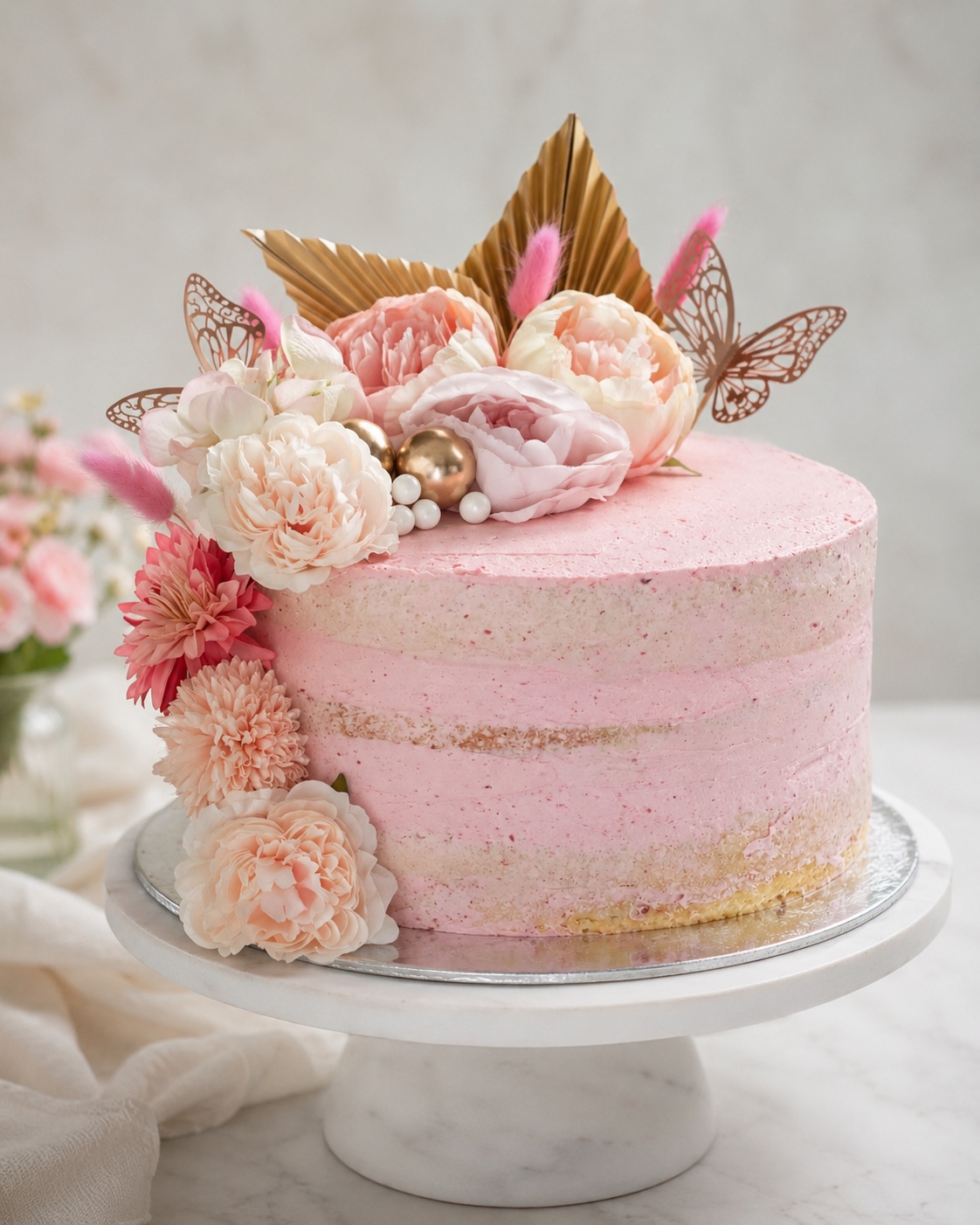 Blush pink floral cake with butterflies and gold botanical accents