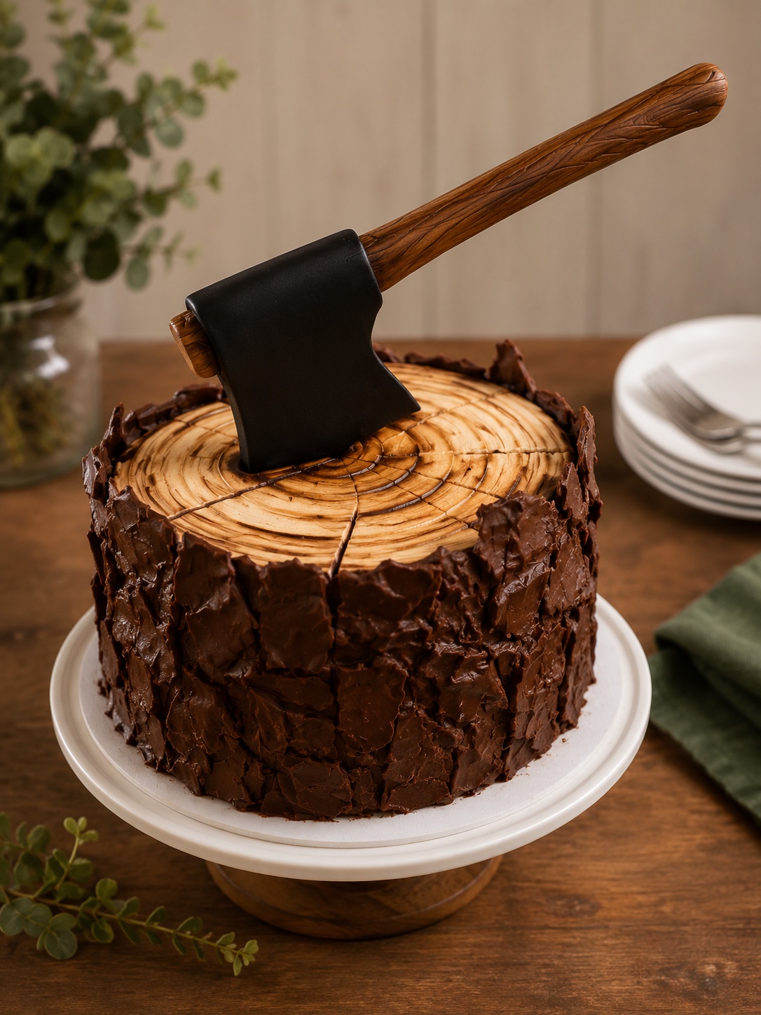 Lumberjack tree stump cake with decorative axe