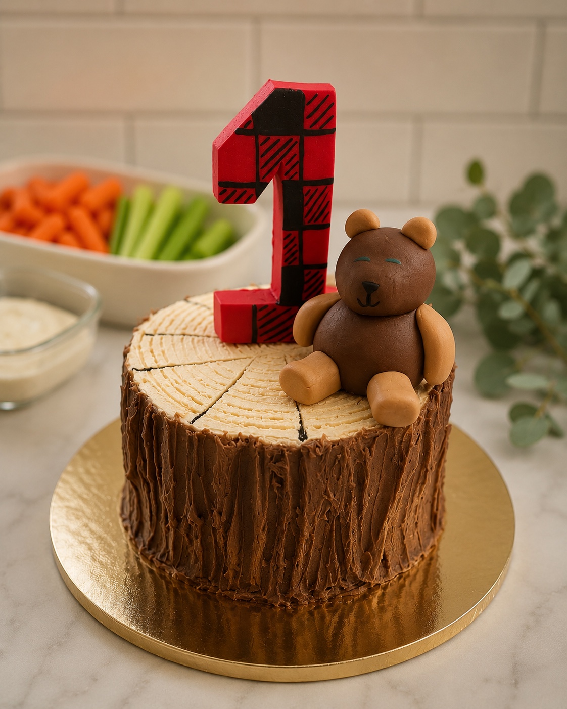 First birthday lumberjack cake with bear and plaid number one