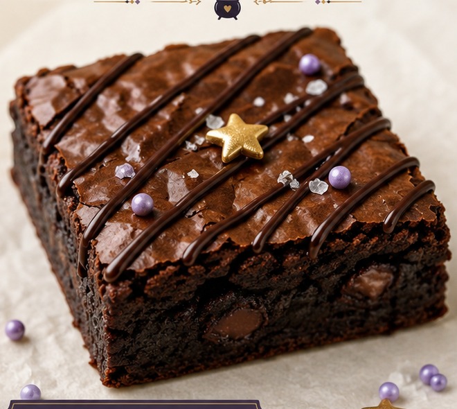 Midnight Magic brownie with dark chocolate drizzle, lavender pearls, gold star and flaky sea salt