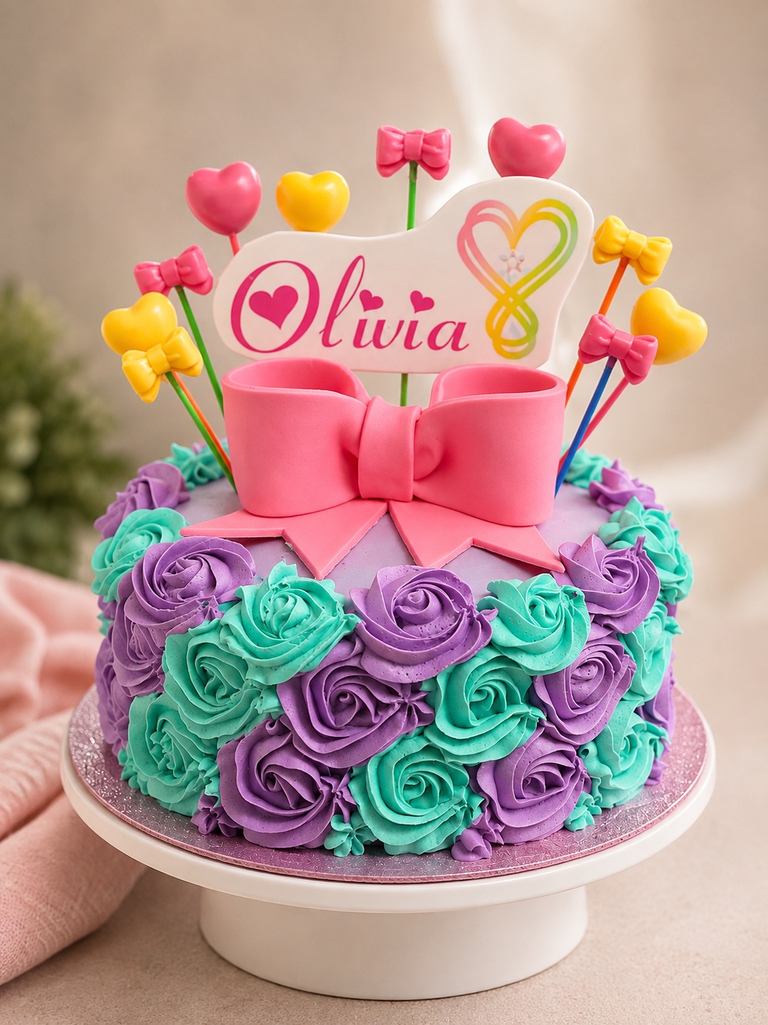 Purple and turquoise rosette cake with Olivia topper and pink bow