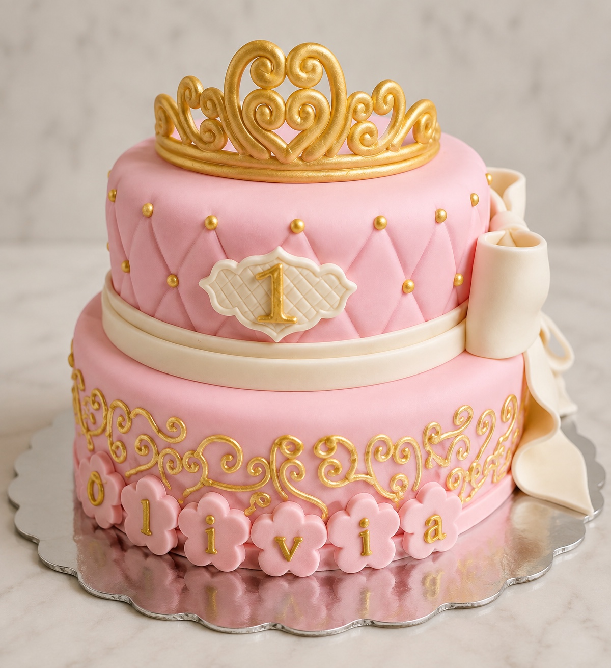 Pink and gold princess first birthday cake with crown and bow