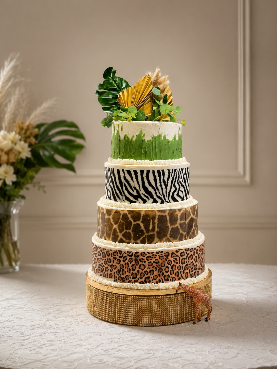 Tiered safari cake with zebra giraffe and leopard patterns