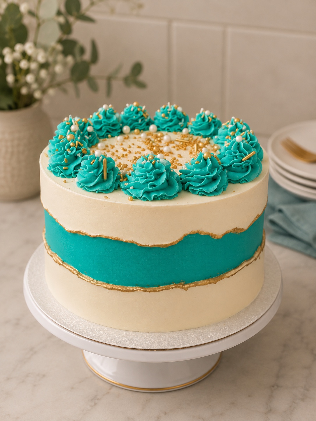 Teal ivory and gold celebration cake